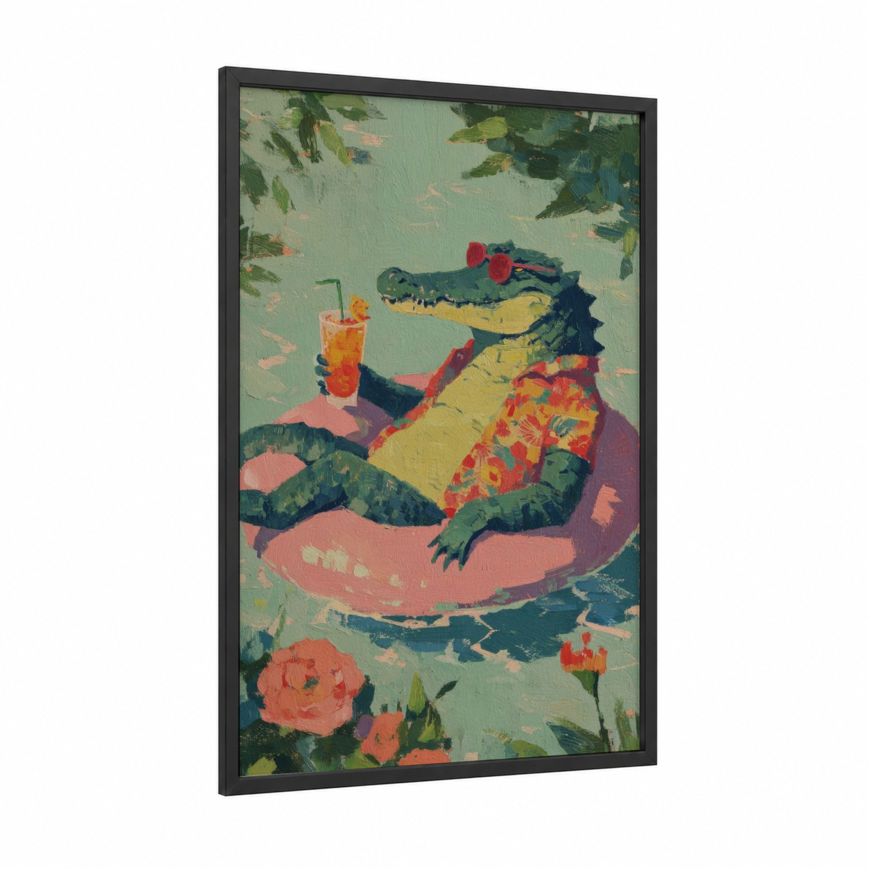 Poolside Alligator framed art print — black wood frame — sage green palette