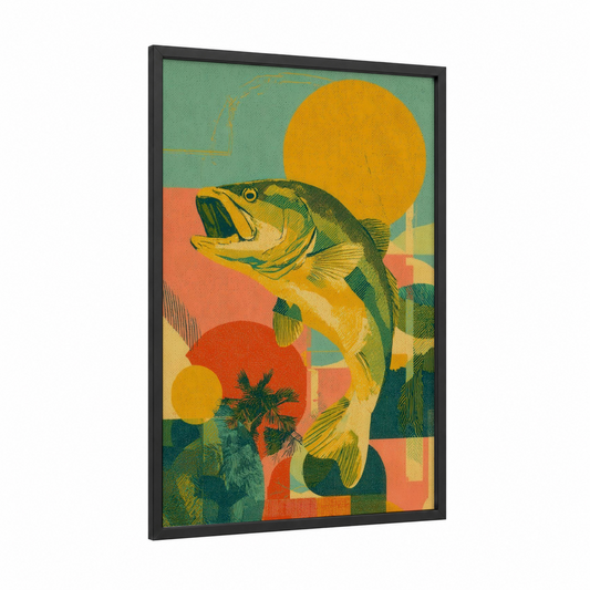 Golden Snook framed art print — black wood frame — gold and teal palette