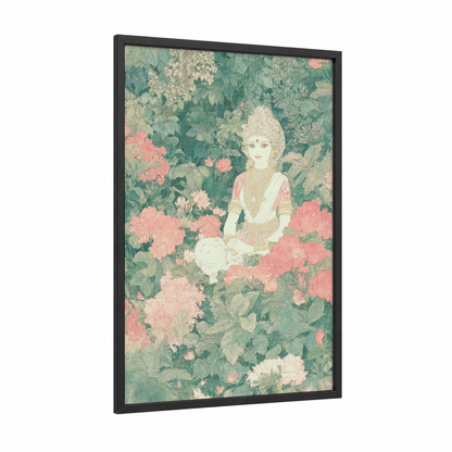 Garden Goddess framed hinduism print — black wood frame — sage green and salmon pink palette