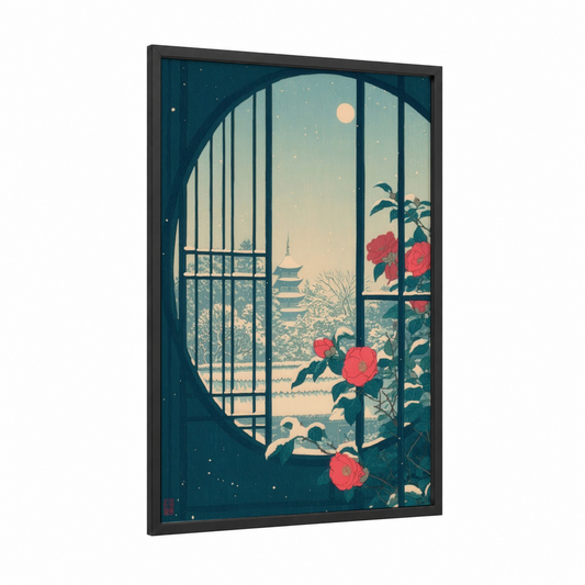 Moonlit Garden Window framed art print — black wood frame — teal and red palette