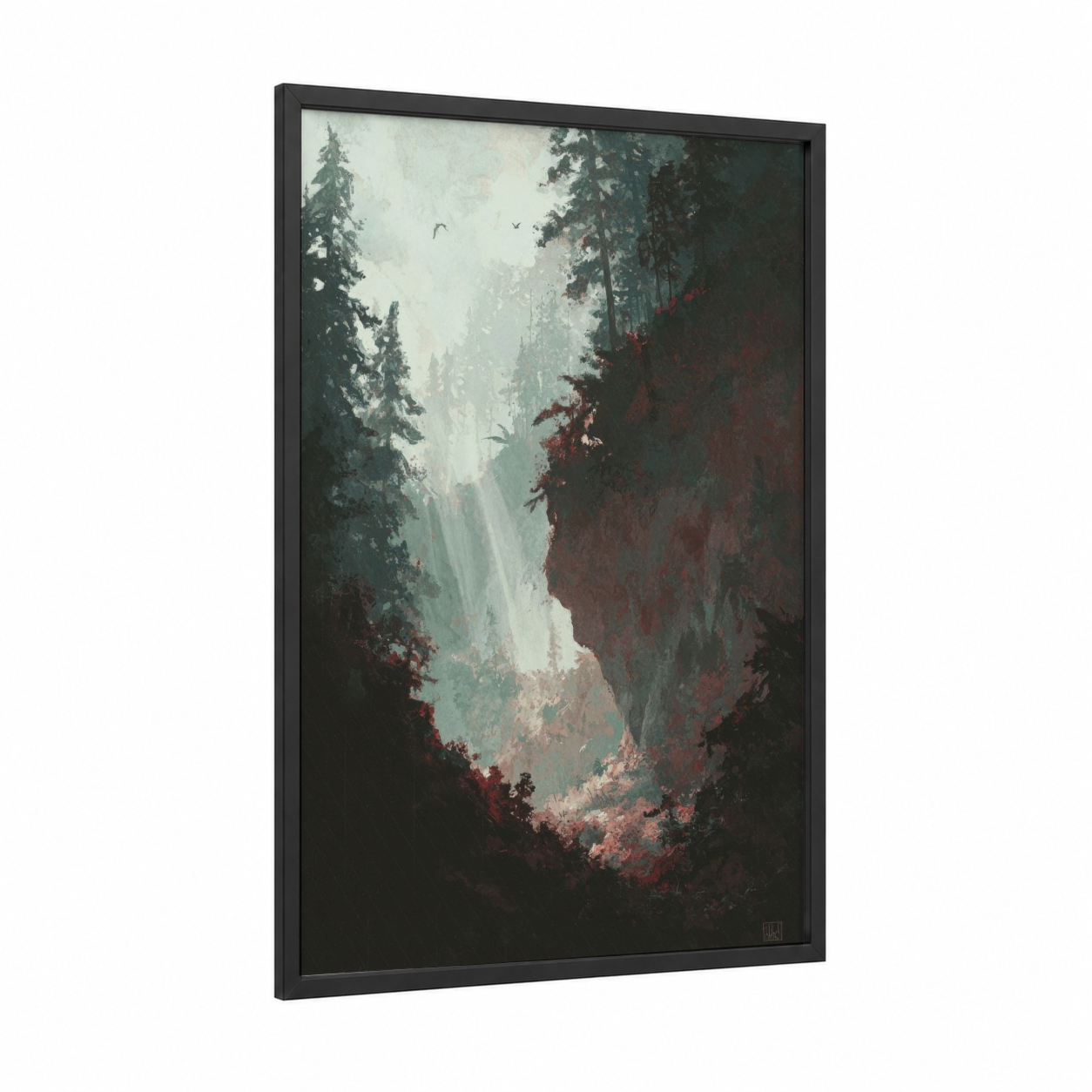 Misty Canyon Vista framed cliff print — black wood frame — gray and teal palette