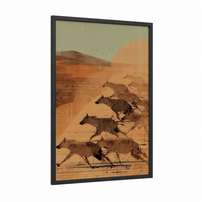Desert Hyena Pack framed art print — black wood frame — russet and beige palette