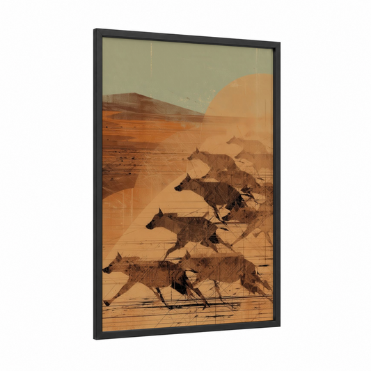 Desert Hyena Pack framed art print — black wood frame — russet and beige palette