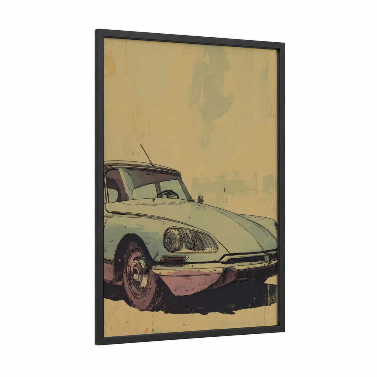 Vintage Sedan Nostalgia framed classic car print — black wood frame — champagne gold and dove gray palette