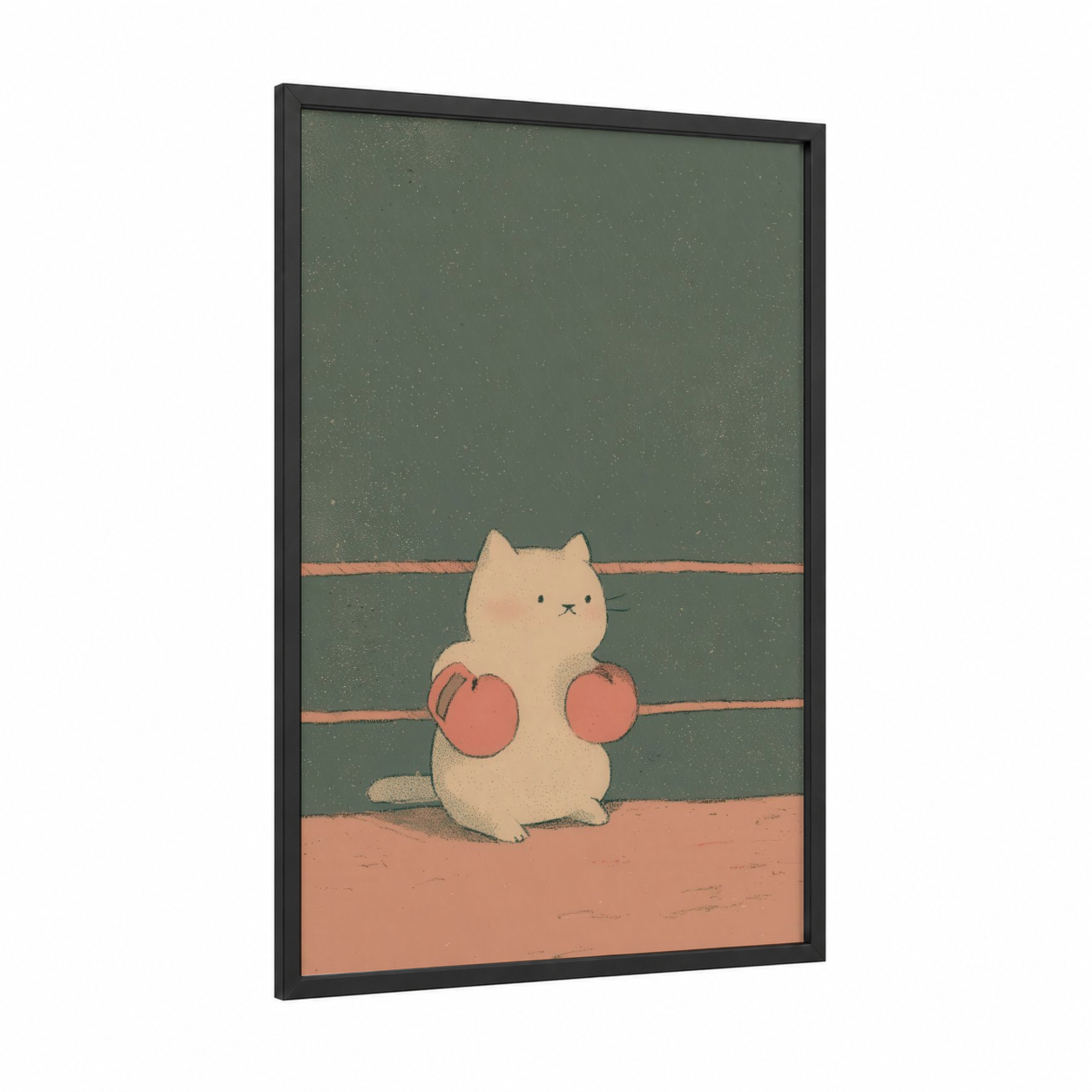 Boxing Cat framed kick boxing print — black wood frame — sage green and peach palette