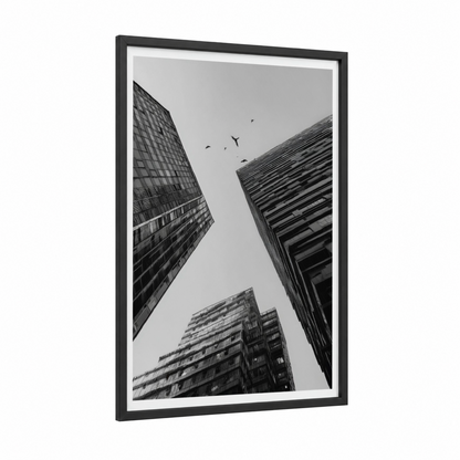 Urban Skyward framed abstract architecture print — black wood frame — black and white and gray palette