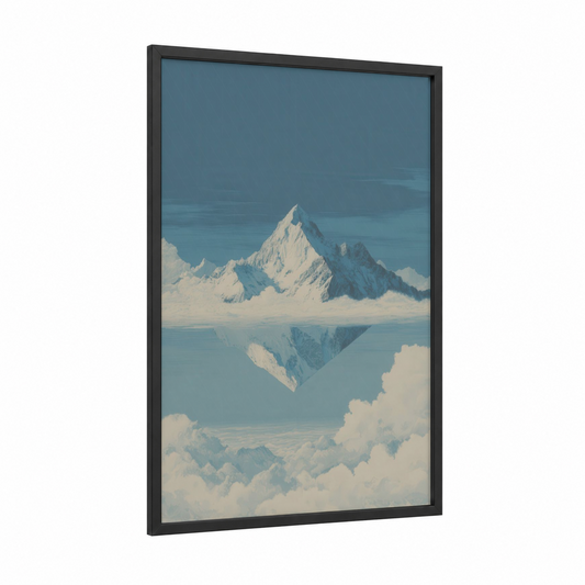 Snowy Himalayas framed art print — black wood frame — blue and white and dove gray palette