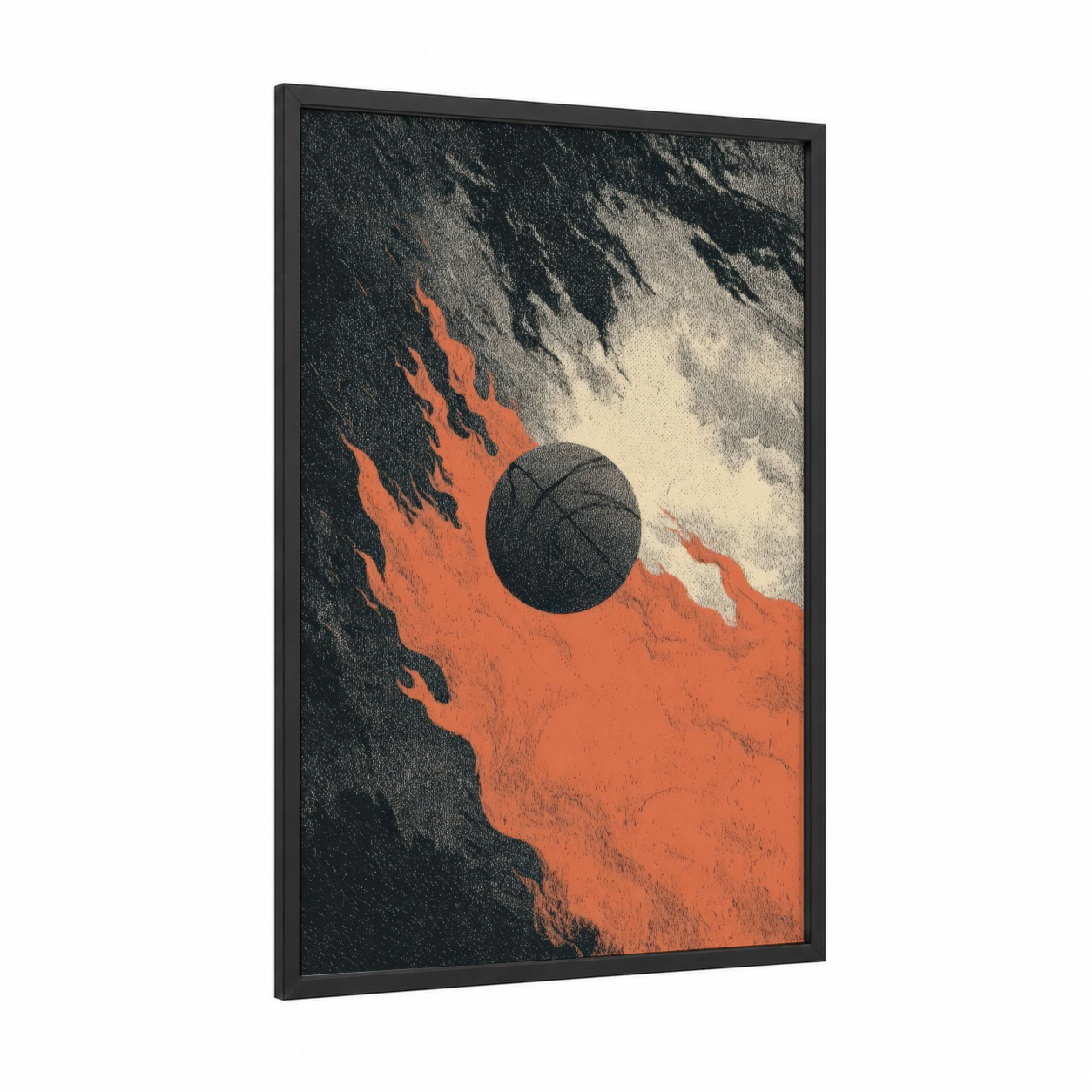Inferno Basketball framed art print — black wood frame — orange and black palette