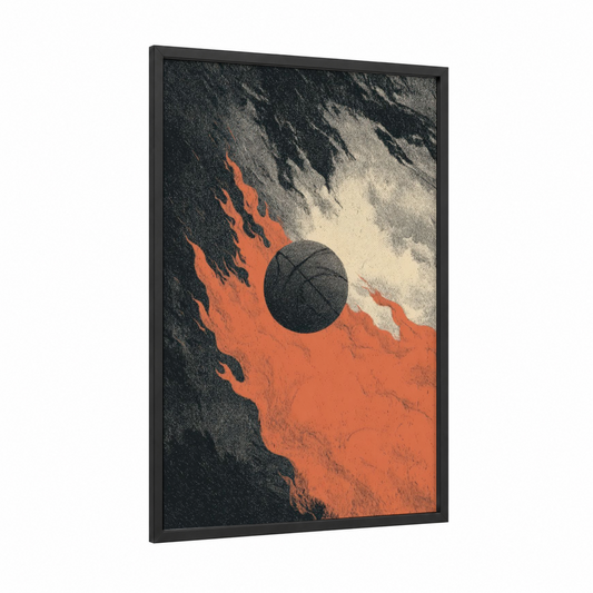 Inferno Basketball framed art print — black wood frame — orange and black palette