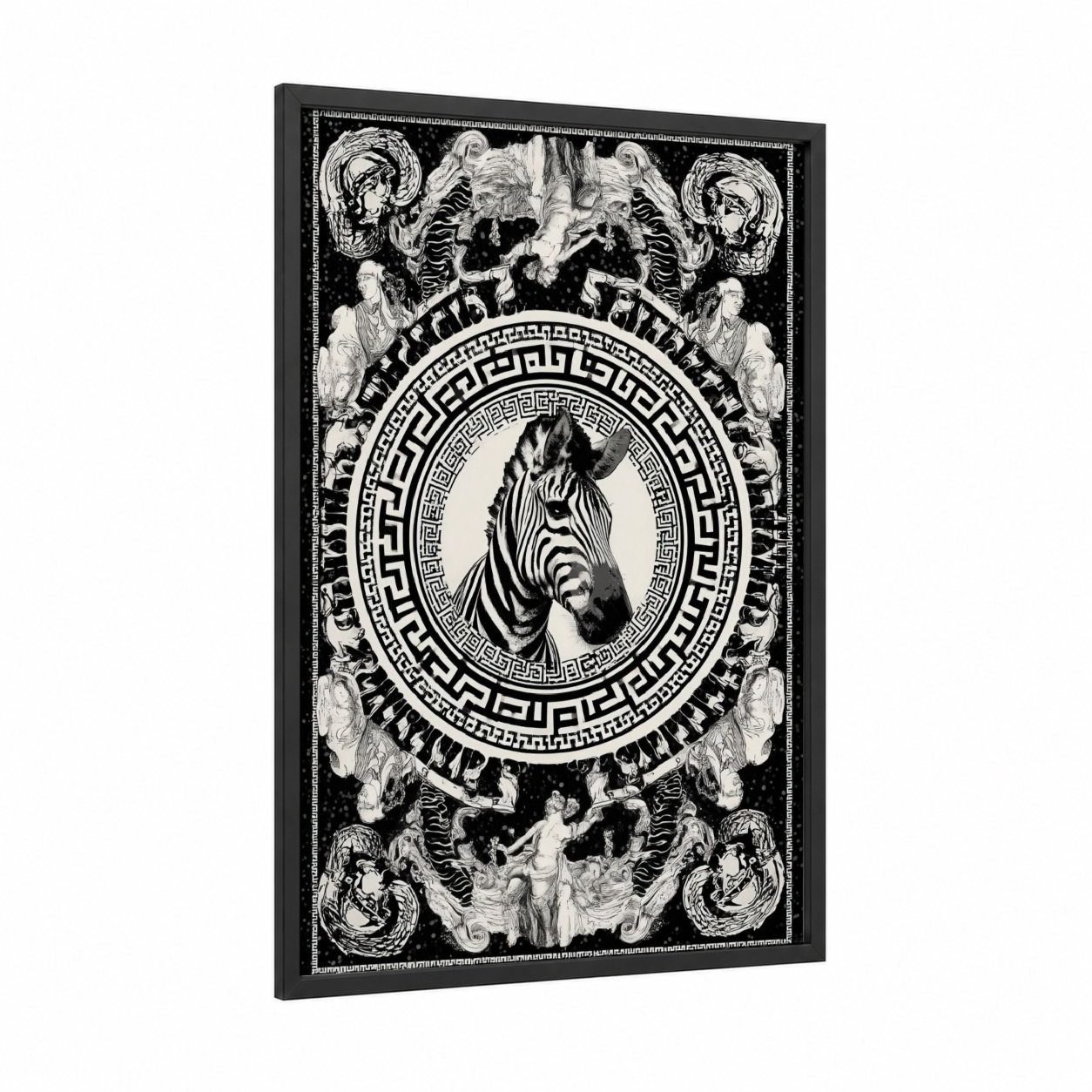 Classical Zebra Portrait framed art print — black wood frame — black and white palette