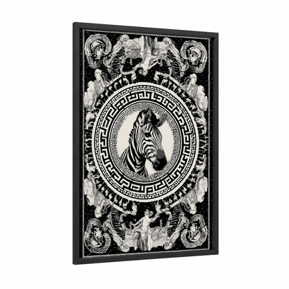 Classical Zebra Portrait framed art print — black wood frame — black and white palette