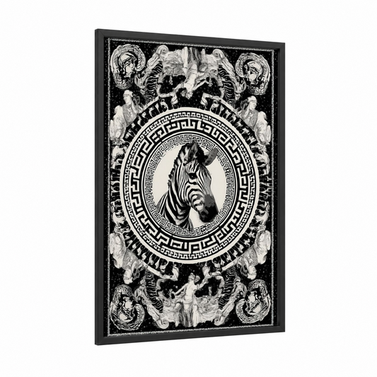 Classical Zebra Portrait framed art print — black wood frame — black and white palette