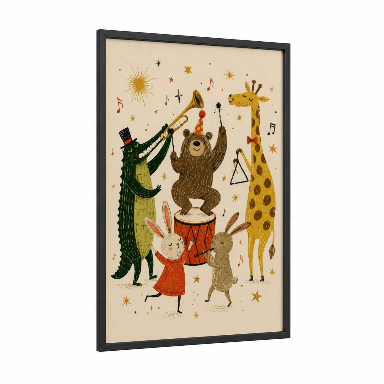 Whimsical Animal Band Wall Art framed bear print — black wood frame — beige and mustard palette