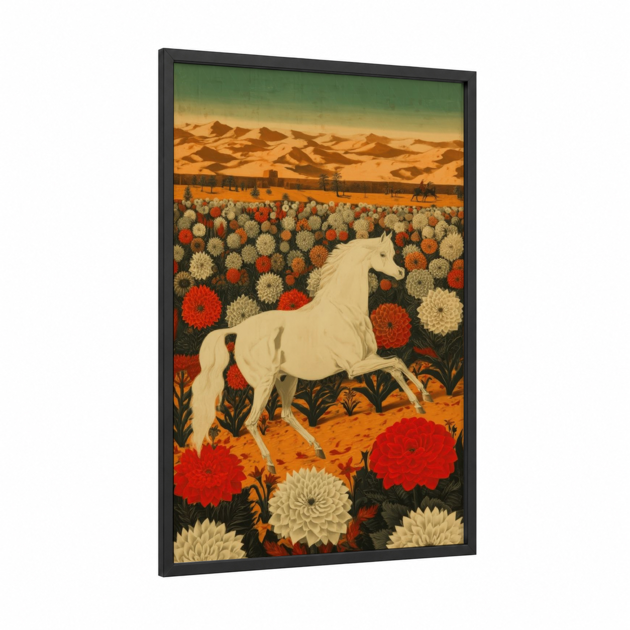 Desert Bloom Horse framed arabian horse print — black wood frame — gold and red palette