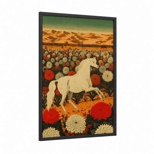 Desert Bloom Horse framed arabian horse print — black wood frame — gold and red palette