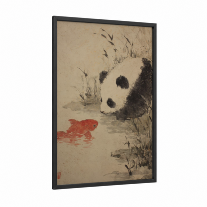 Panda Goldfish framed art print — black wood frame — black and white and red palette