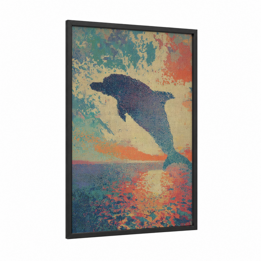 Leaping Dolphin framed dolphins print — black wood frame — teal palette