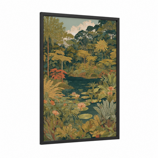 Tropical Lake Paradise framed lakes print — black wood frame — gold and teal palette