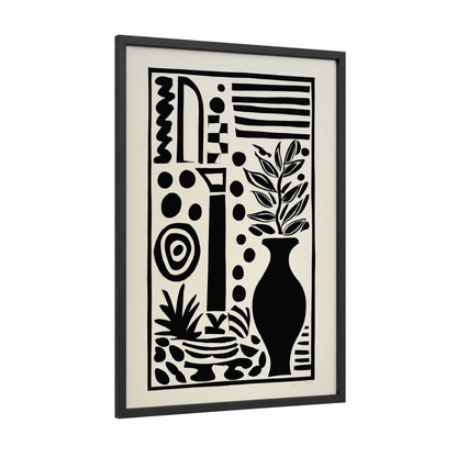 Botanical Geometry framed abstract minimalist print — black wood frame — black and white palette
