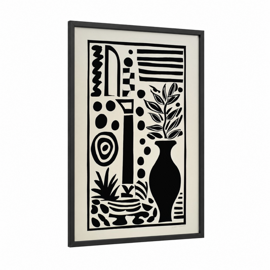 Botanical Geometry framed abstract minimalist print — black wood frame — black and white palette