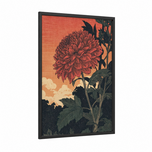 Sunset Dahlia framed art print — black wood frame — red and gold palette