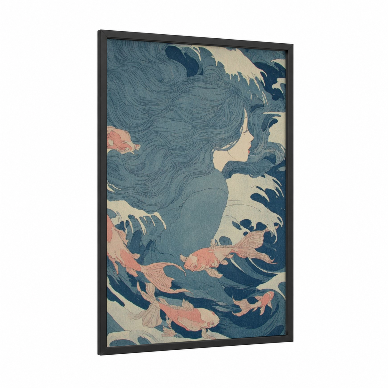 Mermaid Dreams framed art for girl print — black wood frame — blue and salmon pink palette