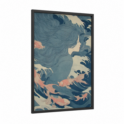 Mermaid Dreams framed art for girl print — black wood frame — blue and salmon pink palette