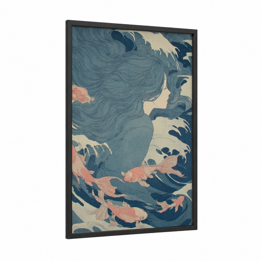 Mermaid Dreams framed art for girl print — black wood frame — blue and salmon pink palette