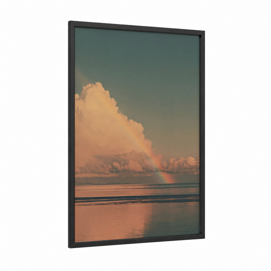 Golden Rainbow Reflection framed art print — black wood frame — peach and teal palette