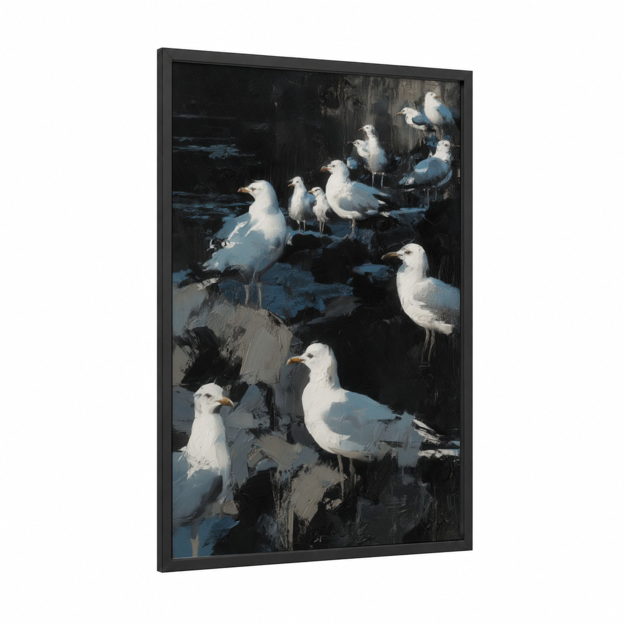 Coastal Seagull Colony framed art print — black wood frame — black and white and blue palette