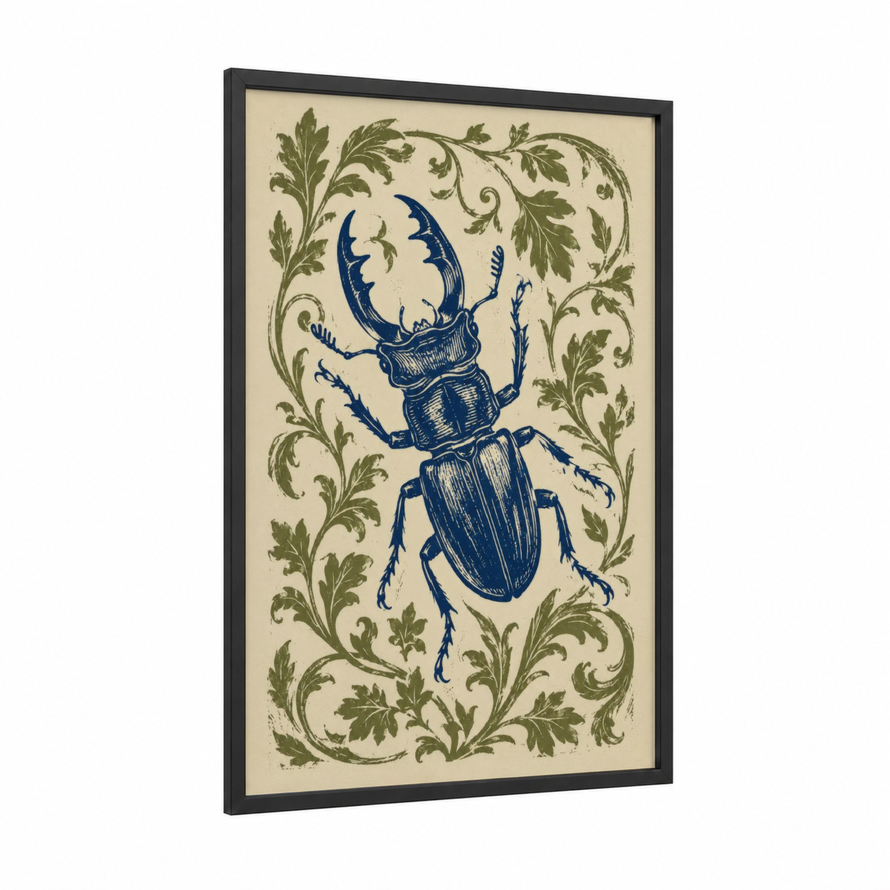 Vintage Beetle Botanical Wall Art framed art print — black wood frame — blue and beige palette