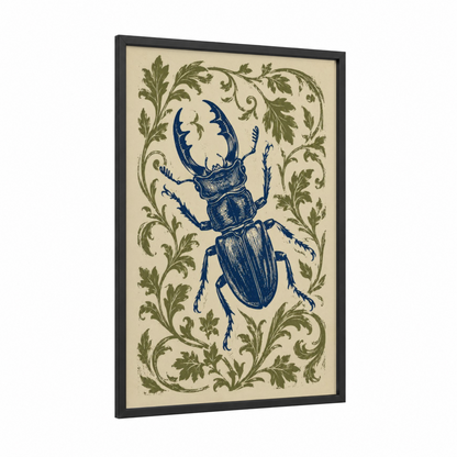 Vintage Beetle Botanical Wall Art framed art print — black wood frame — blue and beige palette