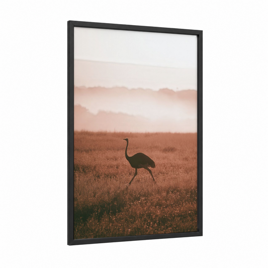 Misty Ostrich framed art print — black wood frame — beige and cream palette
