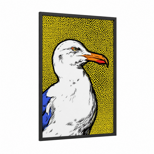 Yellow Seagull framed art print — black wood frame — yellow and white palette