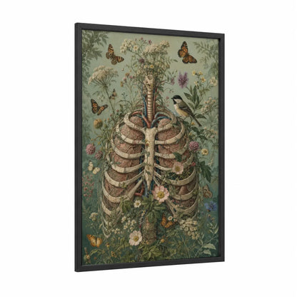 Botanical Ribcage With Butterflies Wall Art framed butterfly print — black wood frame — sage green and beige palette