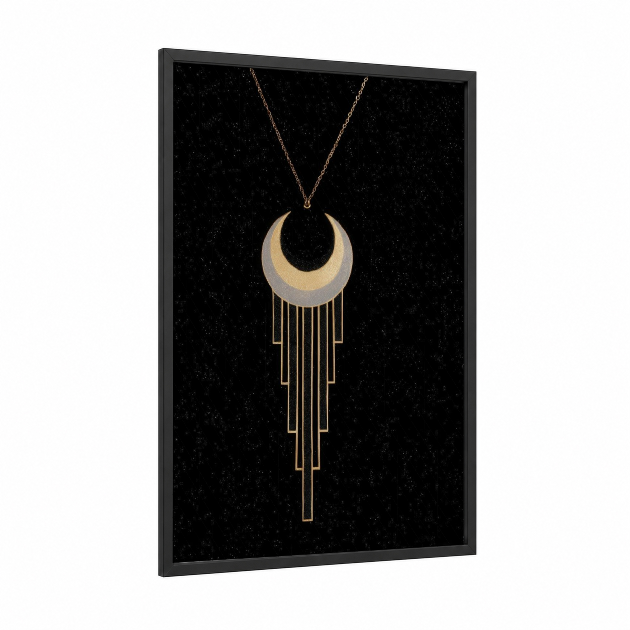 Celestial Crescent framed moon print — black wood frame — gold and black palette
