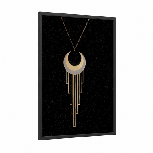 Celestial Crescent framed moon print — black wood frame — gold and black palette