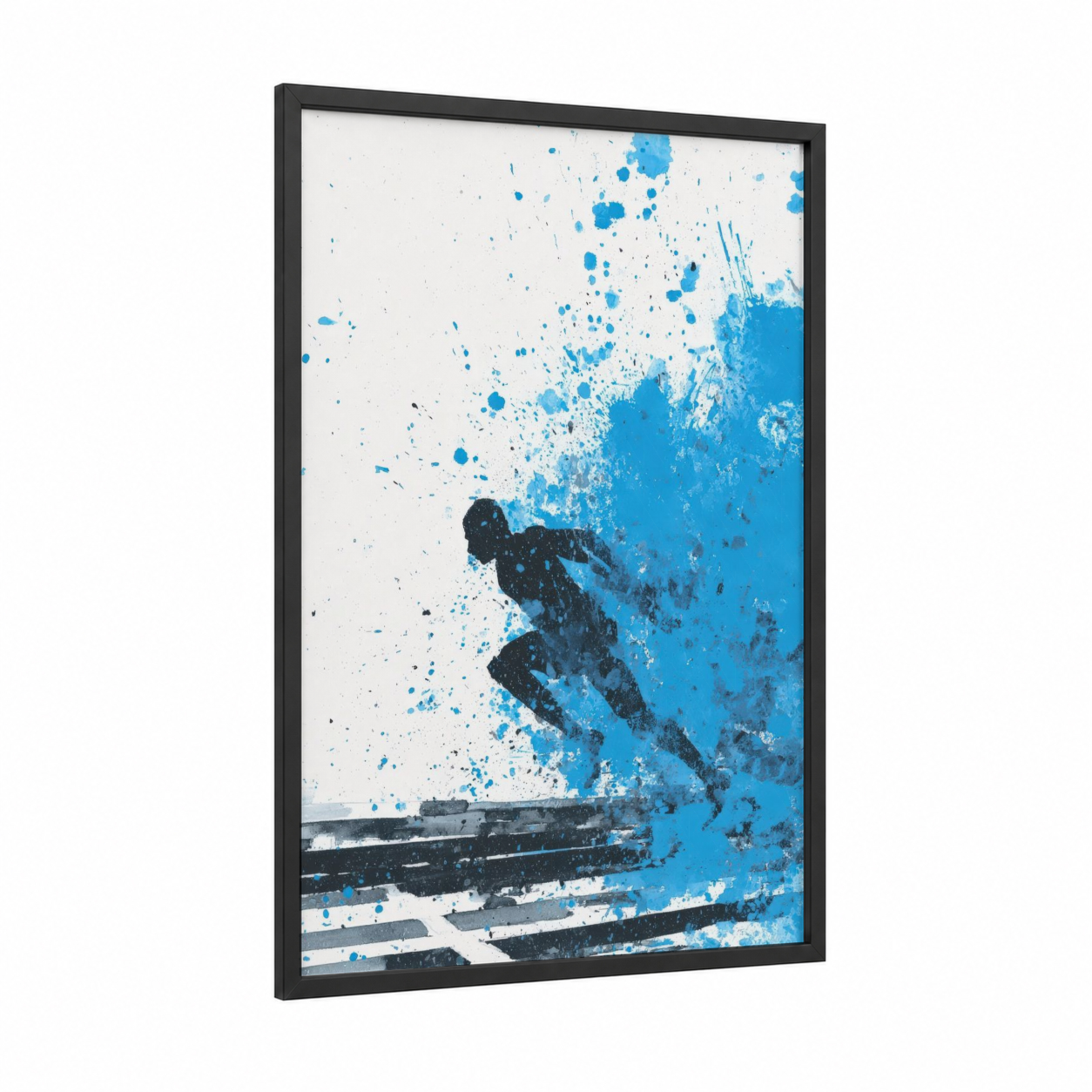 Dynamic Runner Splash framed running print — black wood frame — blue and black and white palette