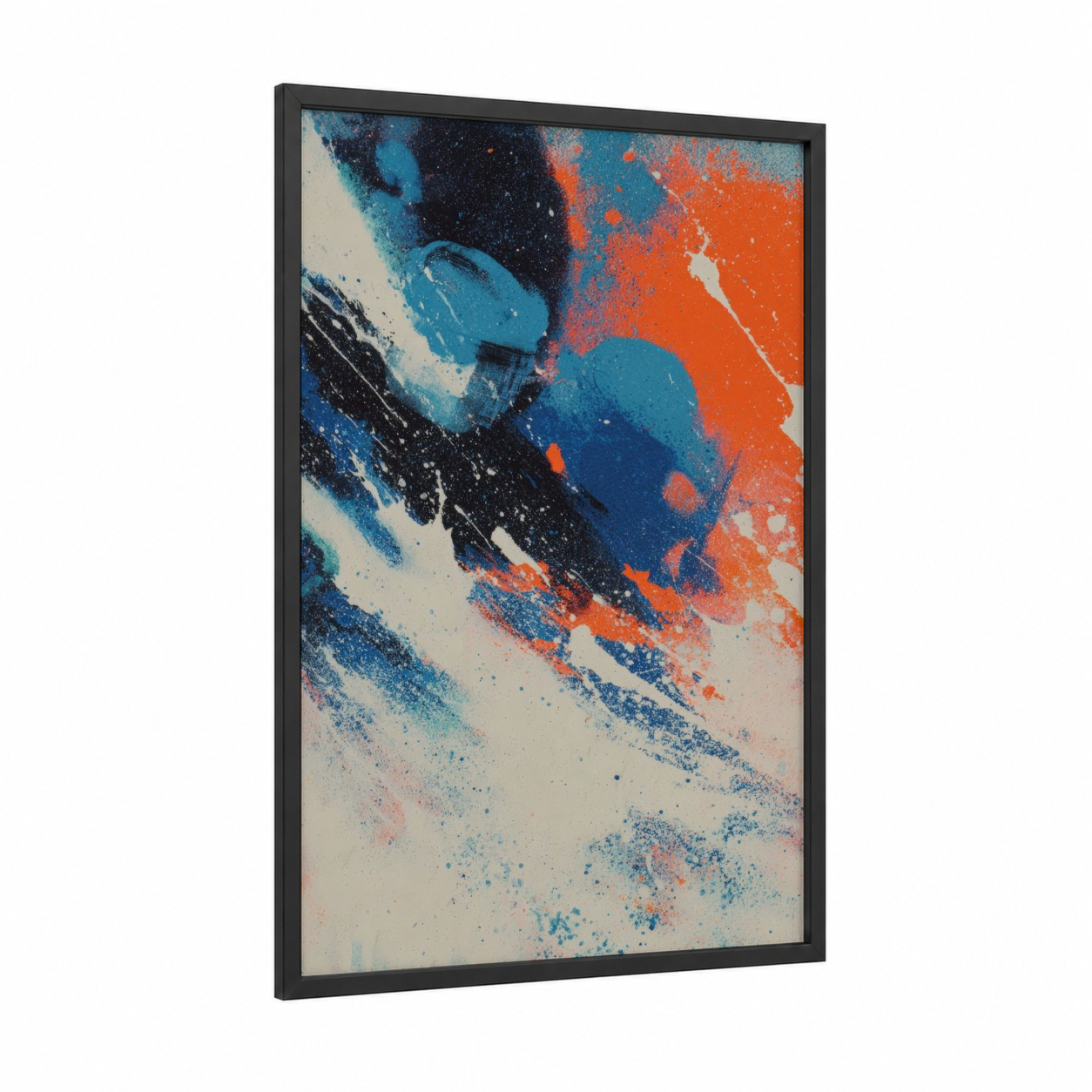 Dynamic Ice Hockey framed art print — black wood frame — blue and orange palette