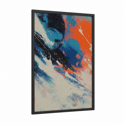 Dynamic Ice Hockey framed art print — black wood frame — blue and orange palette