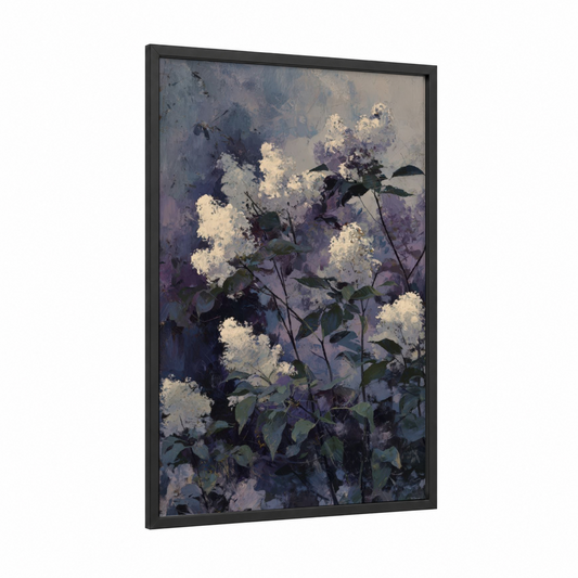 Misty Lilac Clusters framed art print — black wood frame — gray and purple and white palette