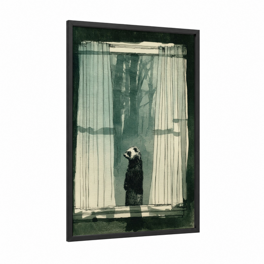 Curious Ferret framed art print — black wood frame — sage green and cream palette