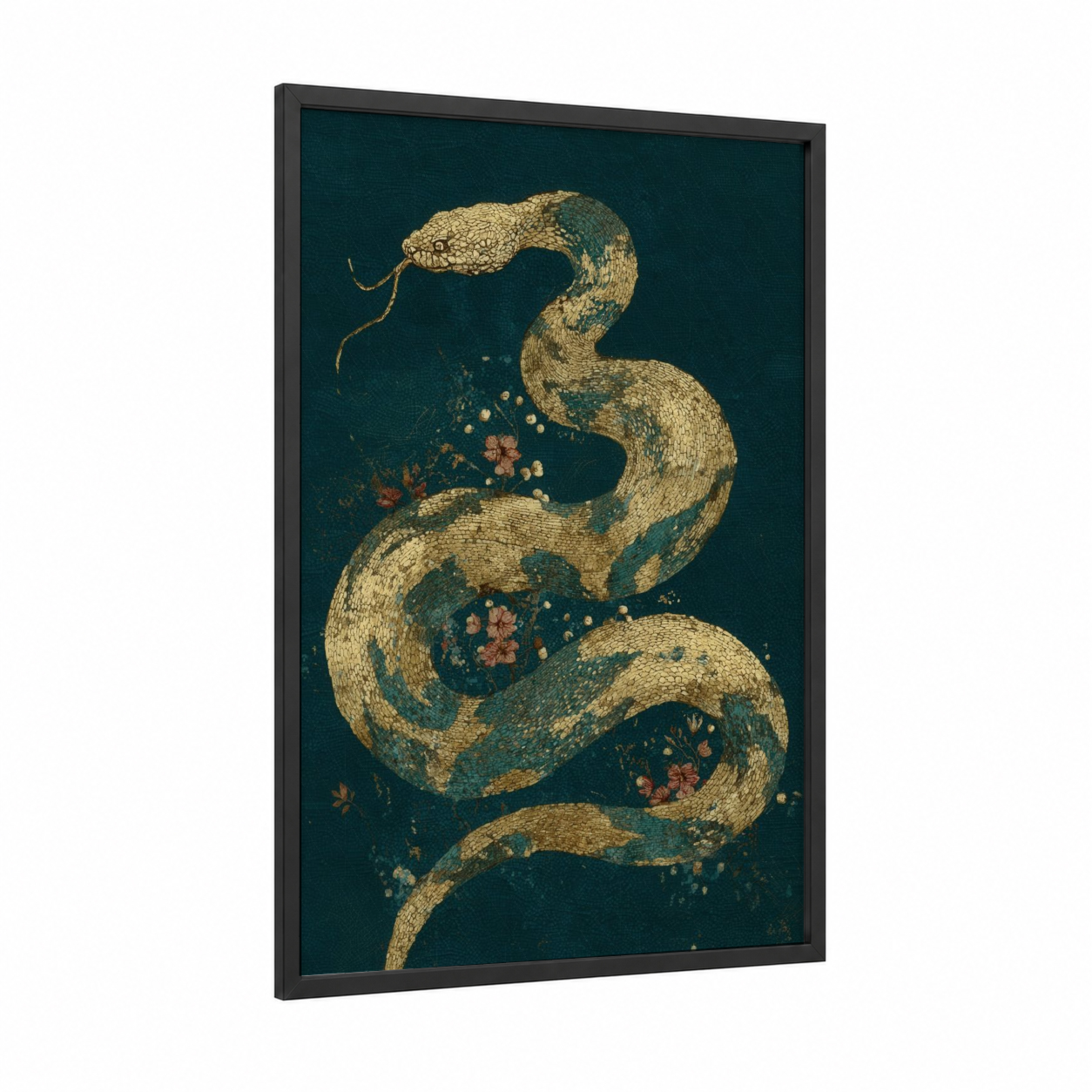 Golden Python Serpent framed art print — black wood frame — gold and teal and teal palette