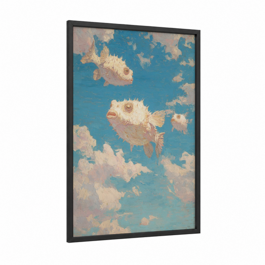 Dreamy Puffer Fish framed art print — black wood frame — blue and white and cream palette