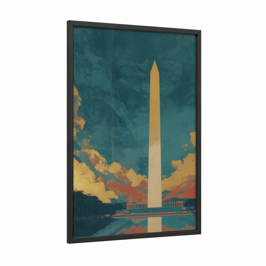Monument Sunrise framed washington monument print — black wood frame — teal and gold palette