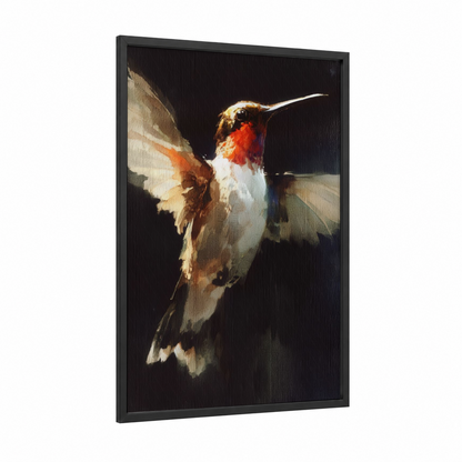 Ruby Hummingbird framed art print — black wood frame — gold and red palette