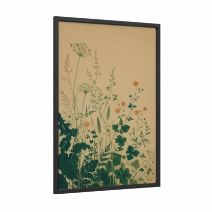 Botanical Wildflower Meadow Wall Art framed art print — black wood frame — beige and true green palette