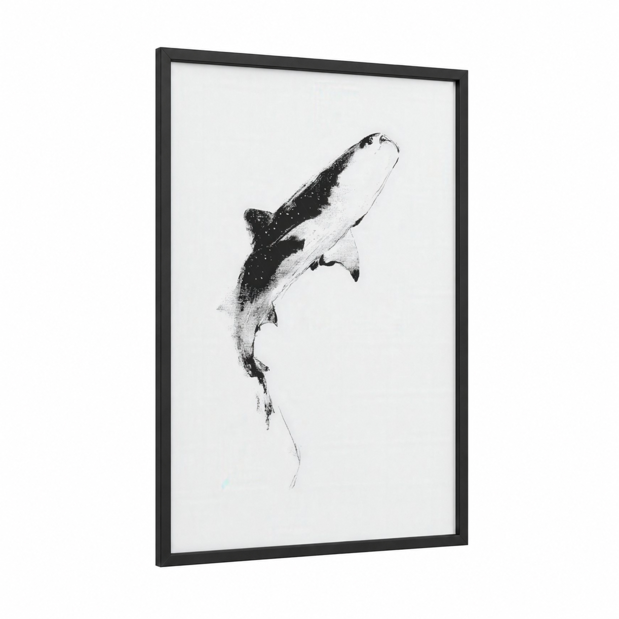 Ascending Whale Shark framed art print — black wood frame — black and white palette
