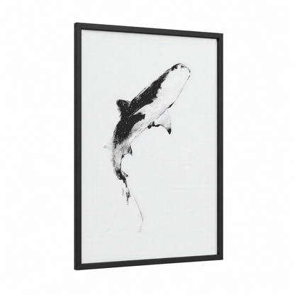 Ascending Whale Shark framed art print — black wood frame — black and white palette