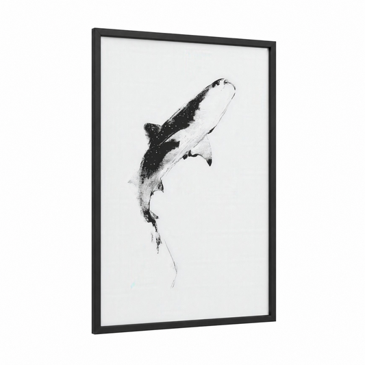 Ascending Whale Shark framed art print — black wood frame — black and white palette